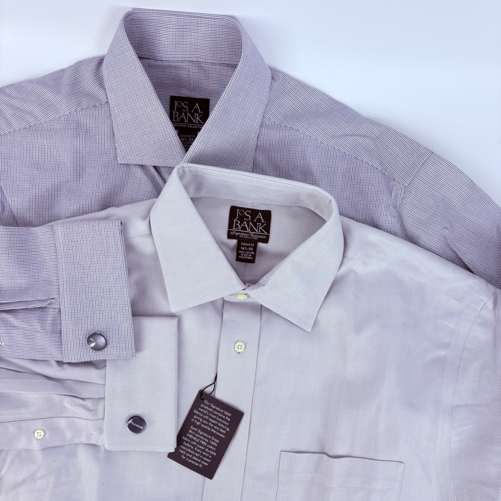 Lot of 2 Jos. A. Bank Mens Tailored Fit Dress Shirts 16.5 33 Blue White Cotton